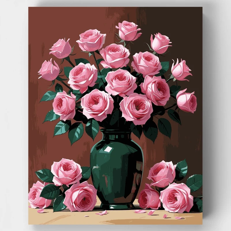 Pink Roses in Green Vase - Paint by Numbers Kit