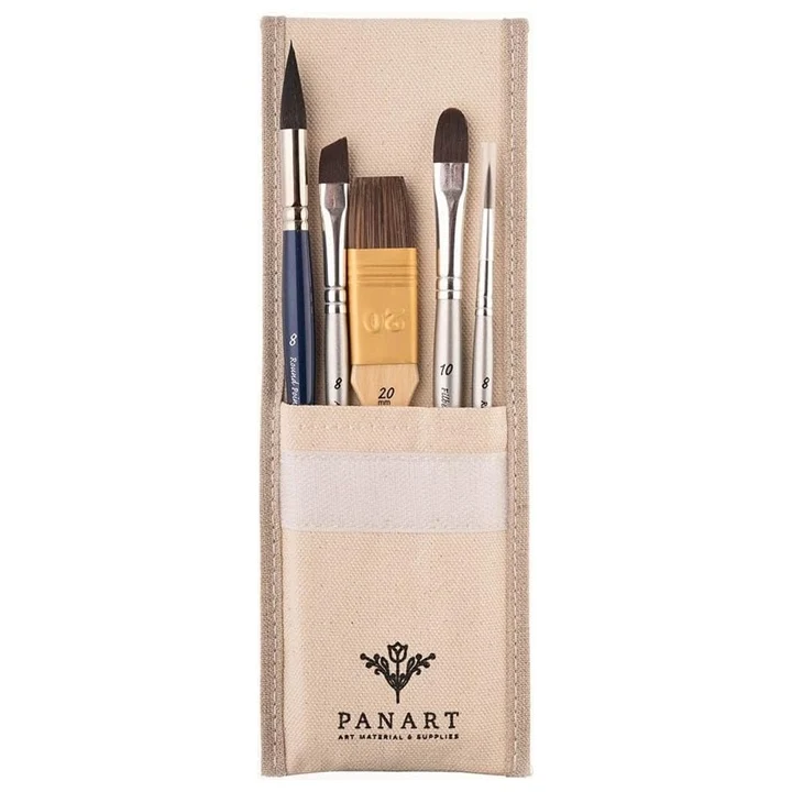 Комплект четки PanArt ATL-01 в памучен калъф за акварел и акрил, 5 бр.