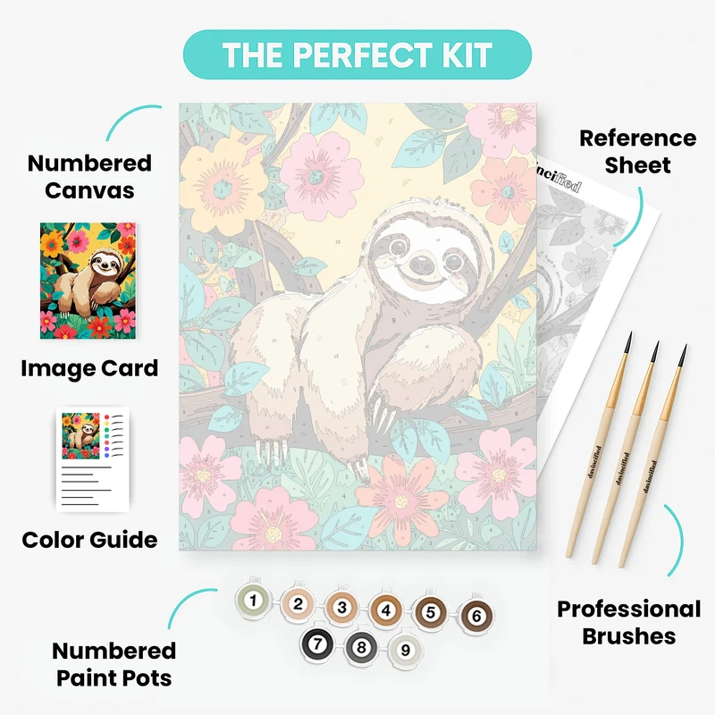 Happy Sloth in Tropical Flowers - Paint by Numbers Kit