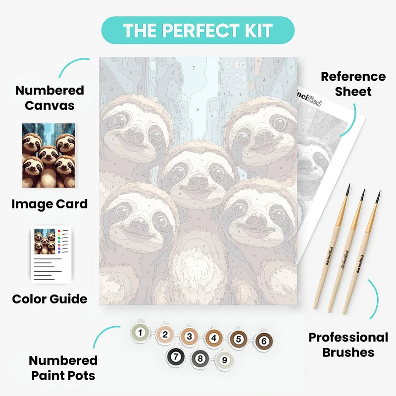 Adorable Sloths Group Selfie - Paint by Numbers Kit