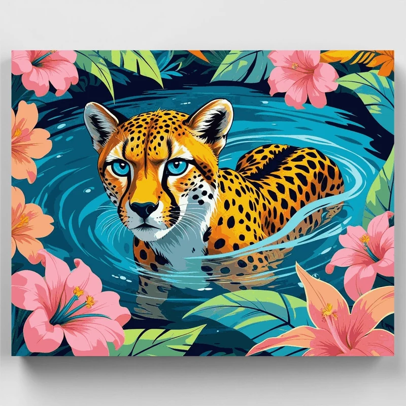 Cheetah in Water with Tropical Flowers - Paint by Numbers Kit
