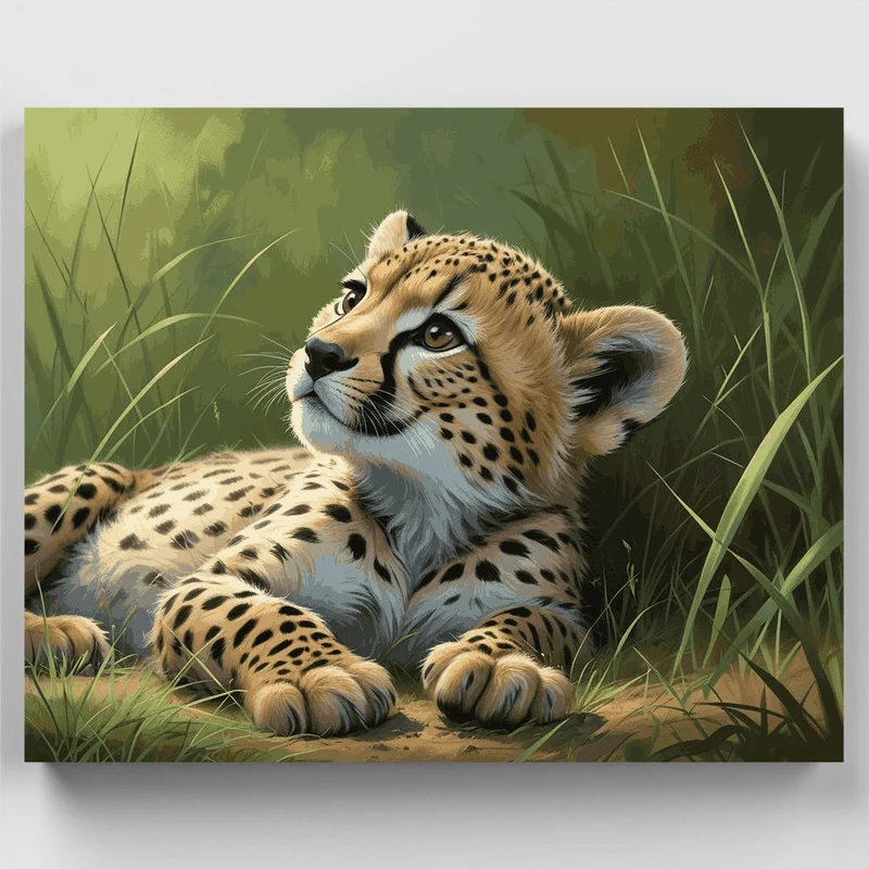 Young Cheetah Cub in Grass - Paint by Numbers Kit