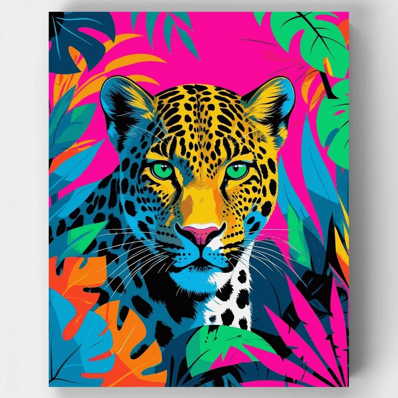 Vibrant Neon Leopard in Tropical Jungle - Paint by Numbers Kit