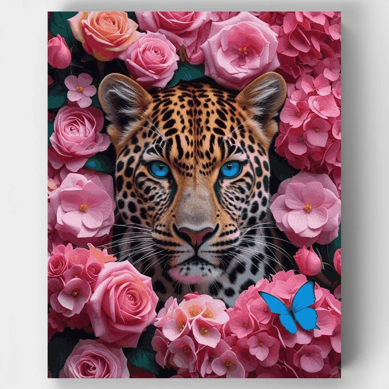 Leopard Surrounded by Pink Roses and Butterfly - Paint by Numbers Kit