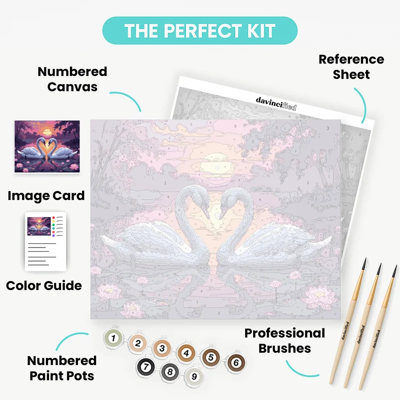 Romantic Swans on Tranquil Lake at Sunset - Paint by Numbers Kit