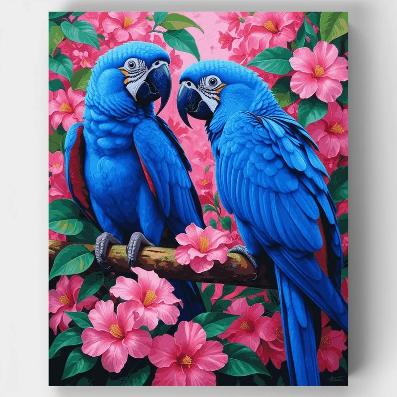 Blue Macaws in Pink Hibiscus Garden - Paint by Numbers Kit