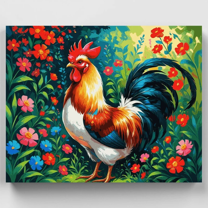 Vibrant Rooster in a Flower Garden - Paint by Numbers Kit