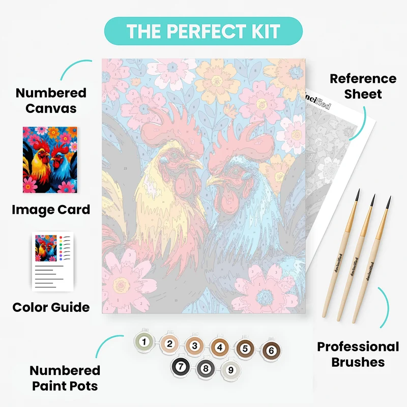 Vibrant Roosters with Floral Background - Paint by Numbers Kit