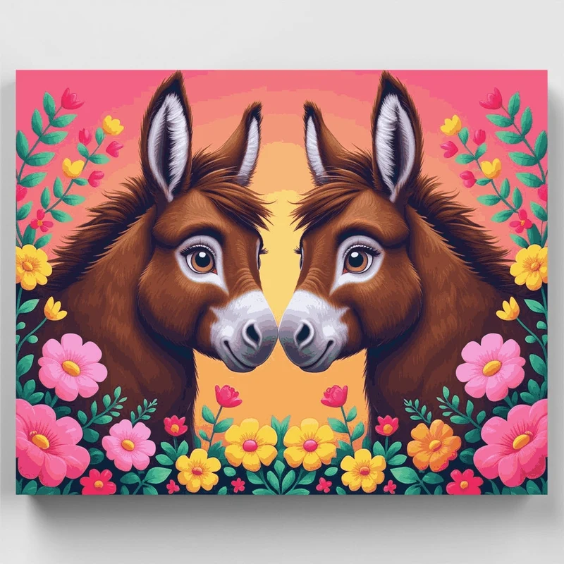 Two Adorable Donkeys with Flowers - Paint by Numbers Kit