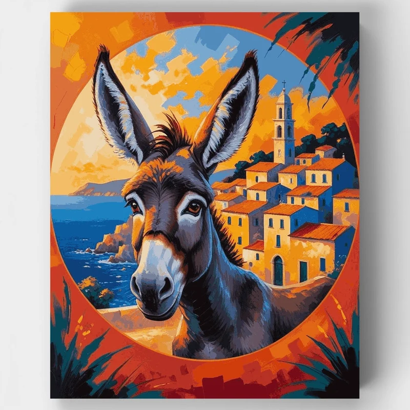 Donkey in Mediterranean Village - Paint by Numbers Kit
