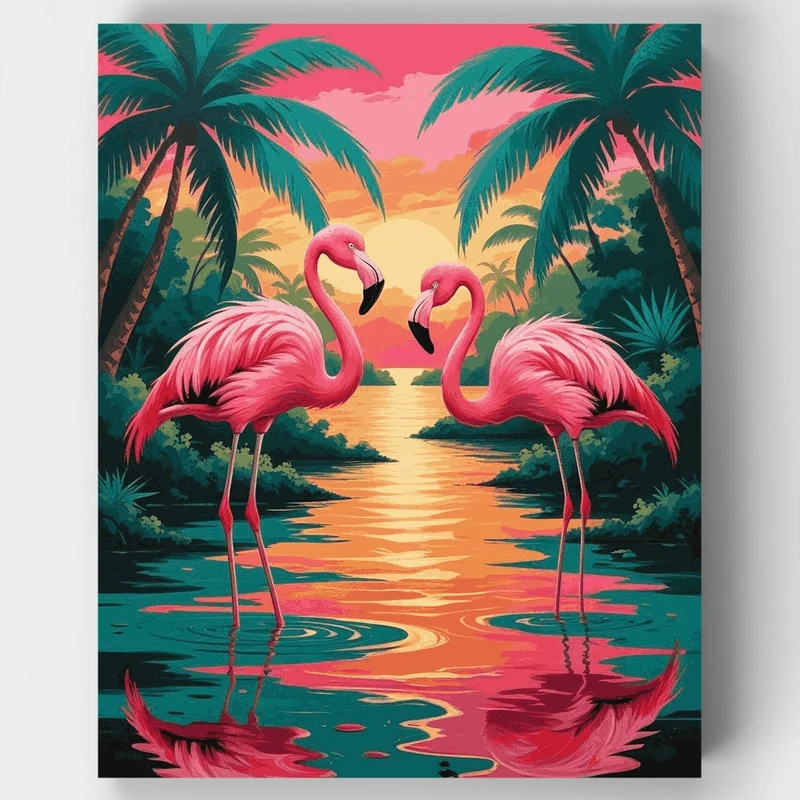 Tropical Flamingo Paradise at Sunset - Paint by Numbers Kit