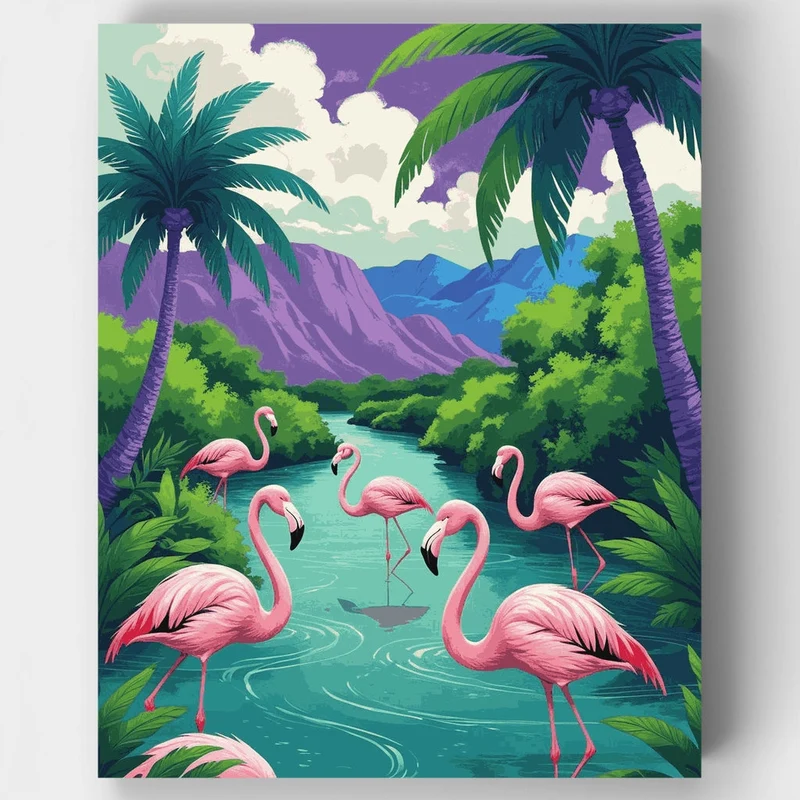 Flamingos in Tropical River Paradise - Paint by Numbers Kit