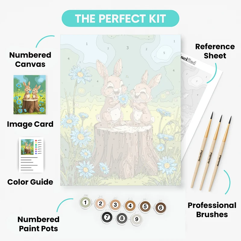 Two Bunnies with Blue Daisies - Paint by Numbers Kit