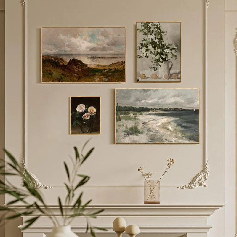 Vintage Leinwandbild Küstenlandschaft mit Holzrahmen 40x60 cm