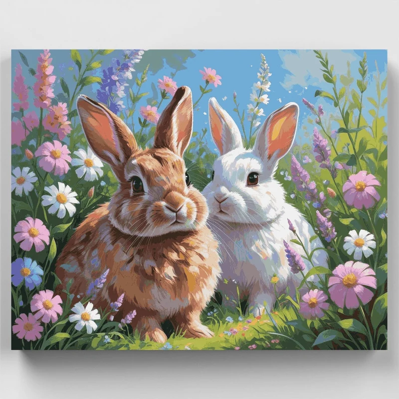 Two Adorable Bunnies in Wildflower Meadow - Paint by Numbers Kit