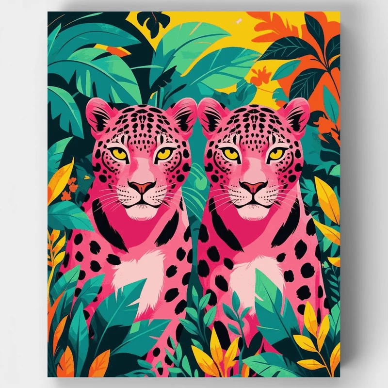 Pink Leopards in Tropical Jungle - Paint by Numbers Kit