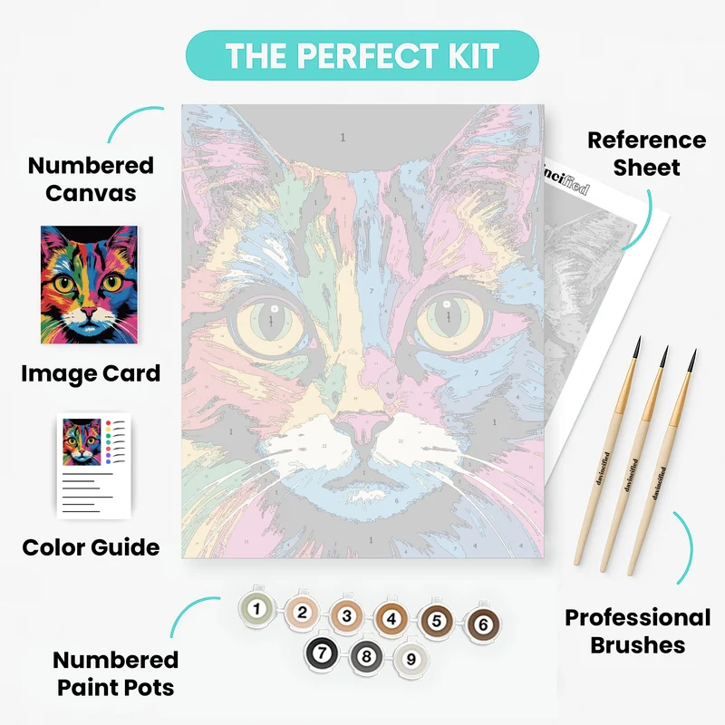 Multicolored Cat with Bright Yellow Eyes - Paint by Numbers Kit
