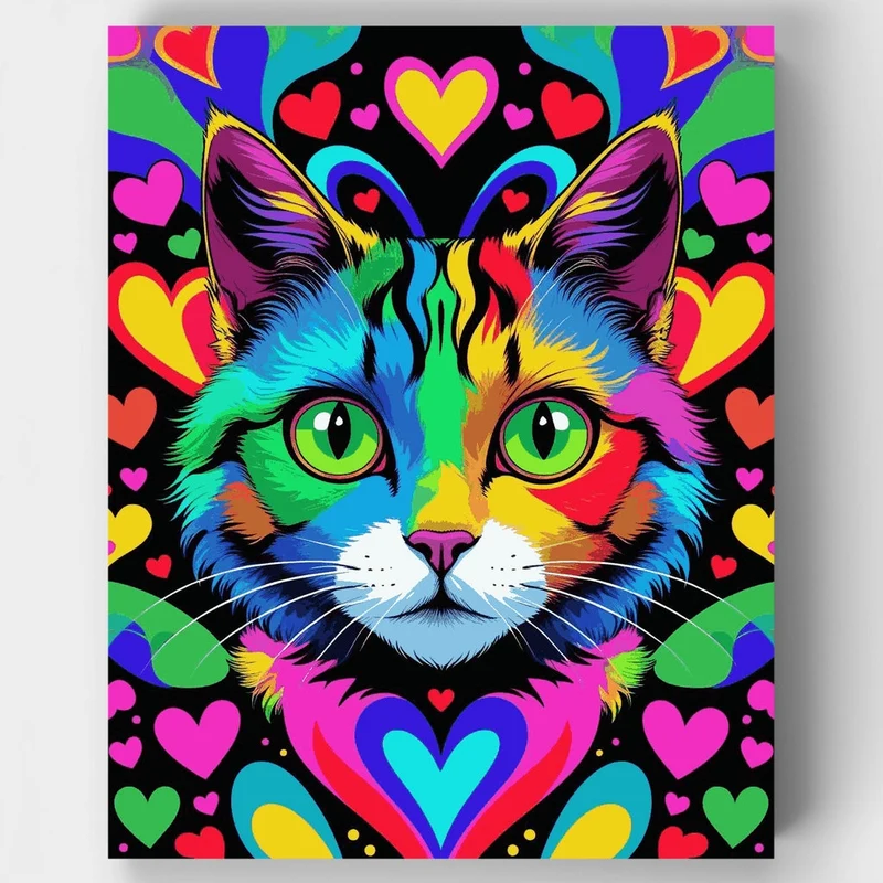 Rainbow Cat with Hearts - Paint by Numbers Kit