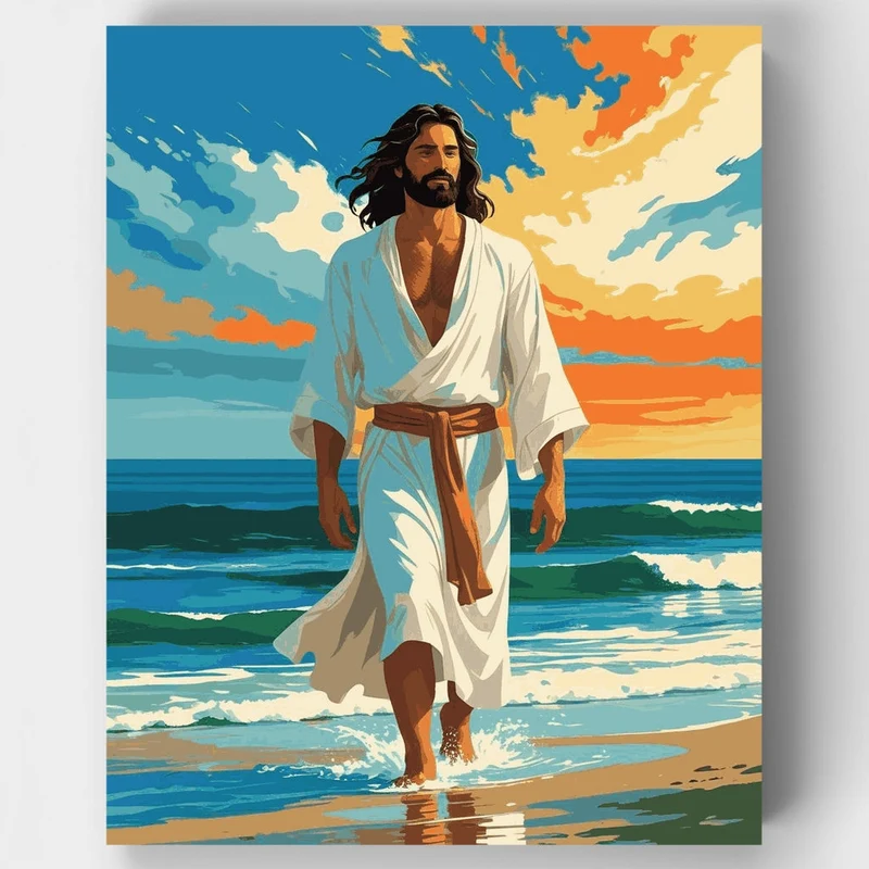Jesus Walking on Beach at Sunset - Paint by Numbers Kit