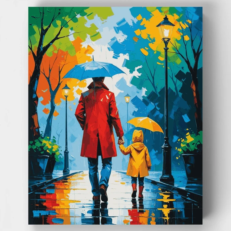 Father and Child Walking in the Rain - Paint by Numbers Kit