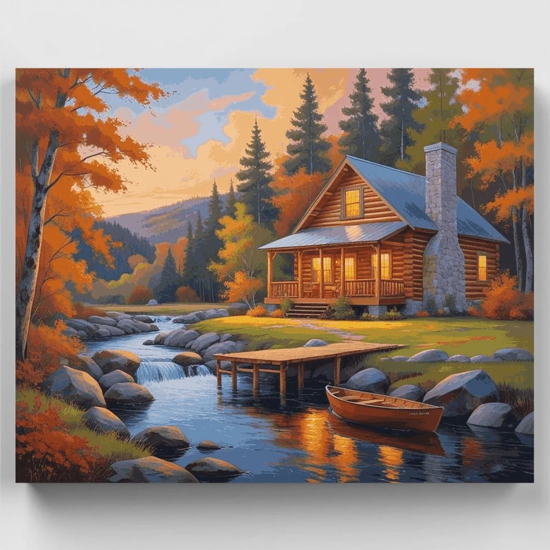 Autumn Log Cabin by the Stream - Paint by Numbers Kit