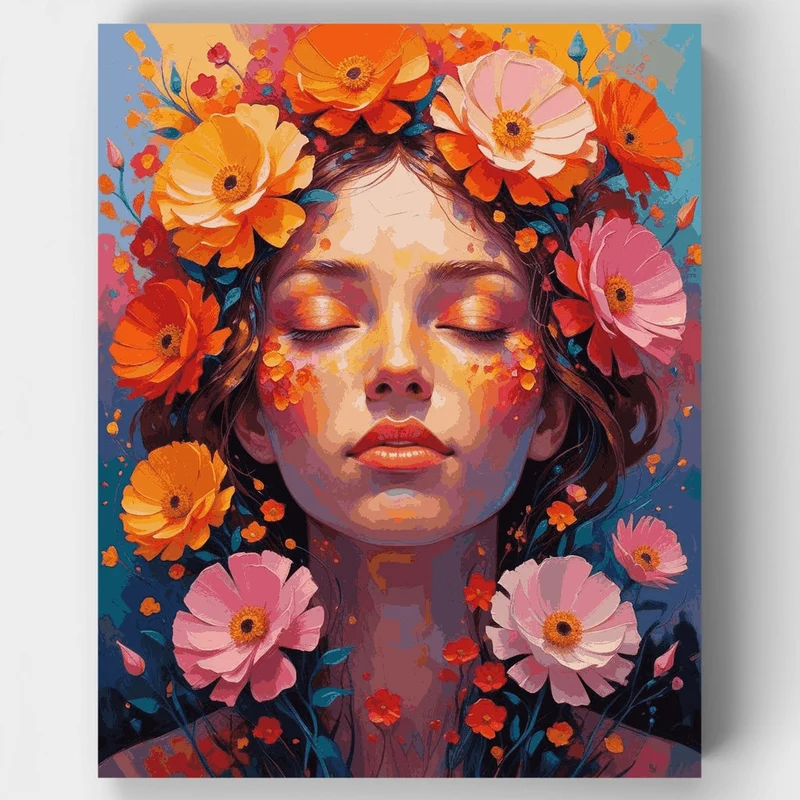 Floral Portrait Woman with Vibrant Blooms - Paint by Numbers Kit