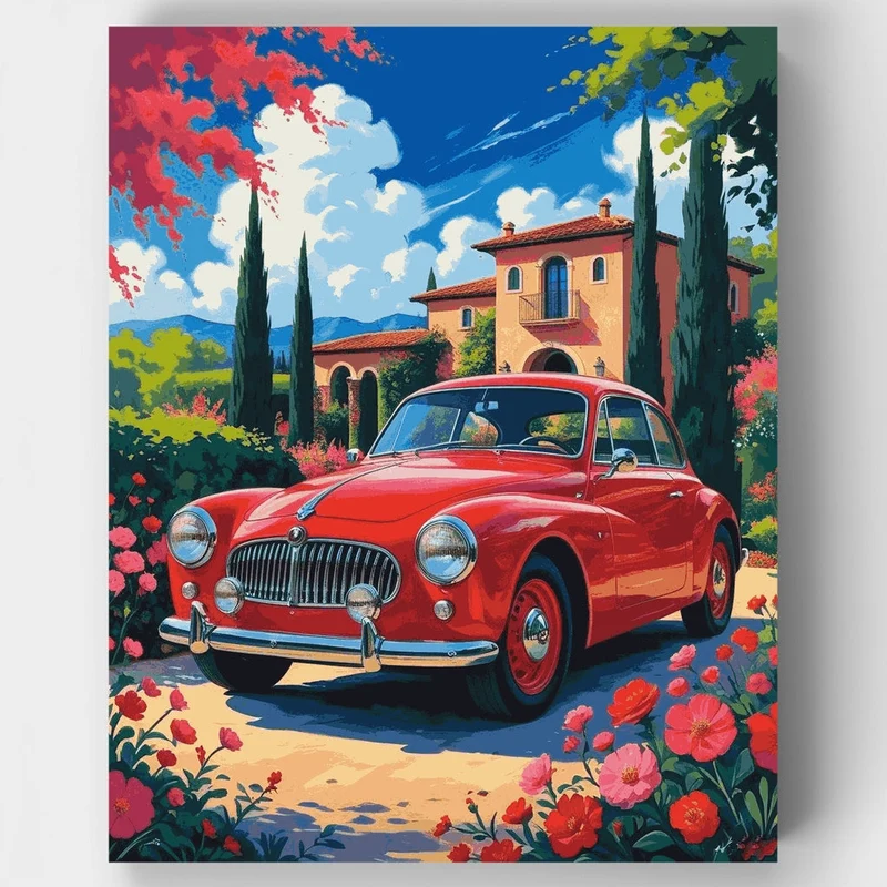 Vintage Red Car in Tuscan Villa Garden - Paint by Numbers Kit