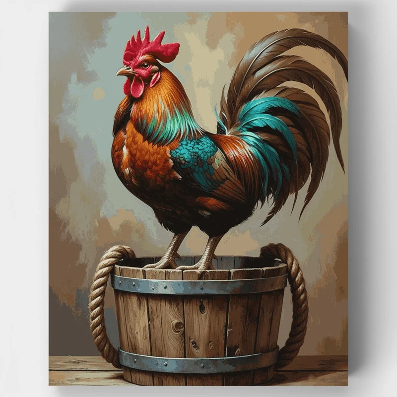 Vibrant Rooster on Wooden Barrel - Paint by Numbers Kit