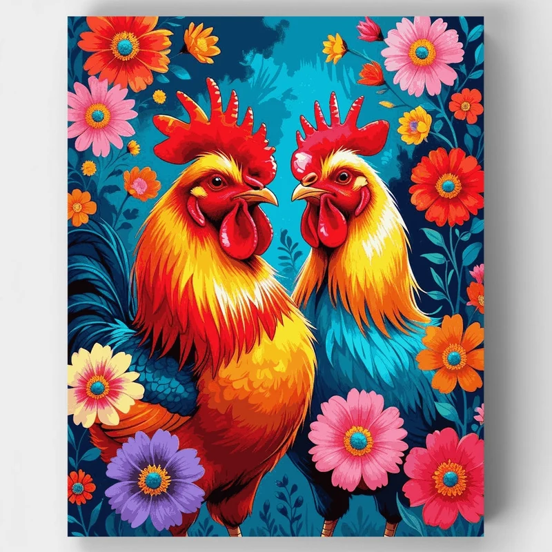 Vibrant Roosters in Floral Garden - Paint by Numbers Kit