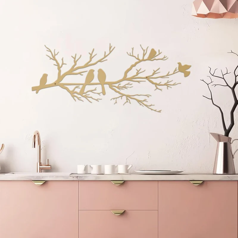 Metall Wanddeko Vögel auf Ast – Wandskulptur Gold Groß