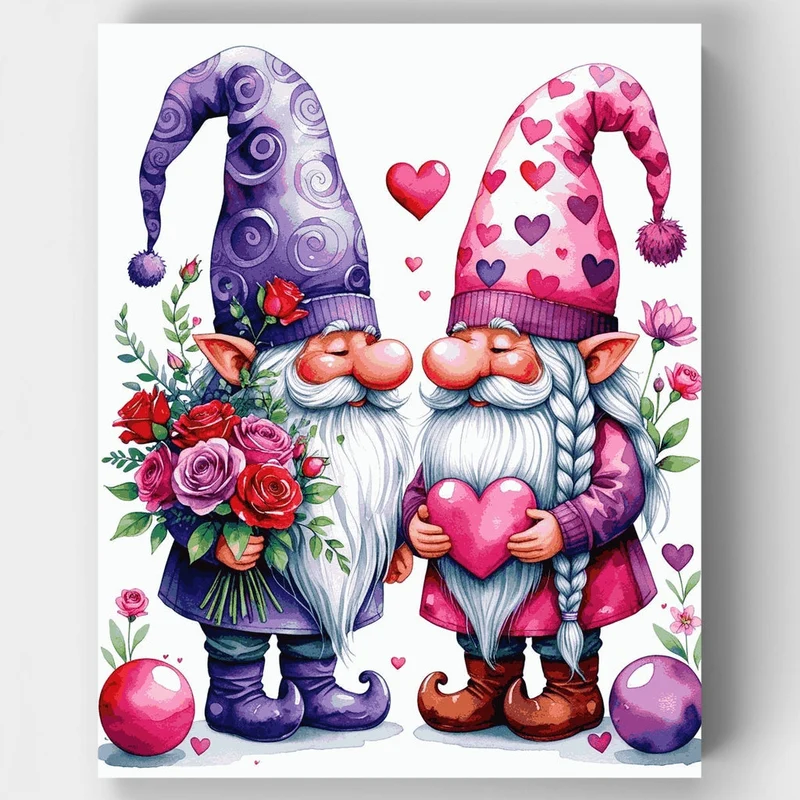 Valentine's Day Gnomes with Hearts and Flowers - Paint by Numbers Kit