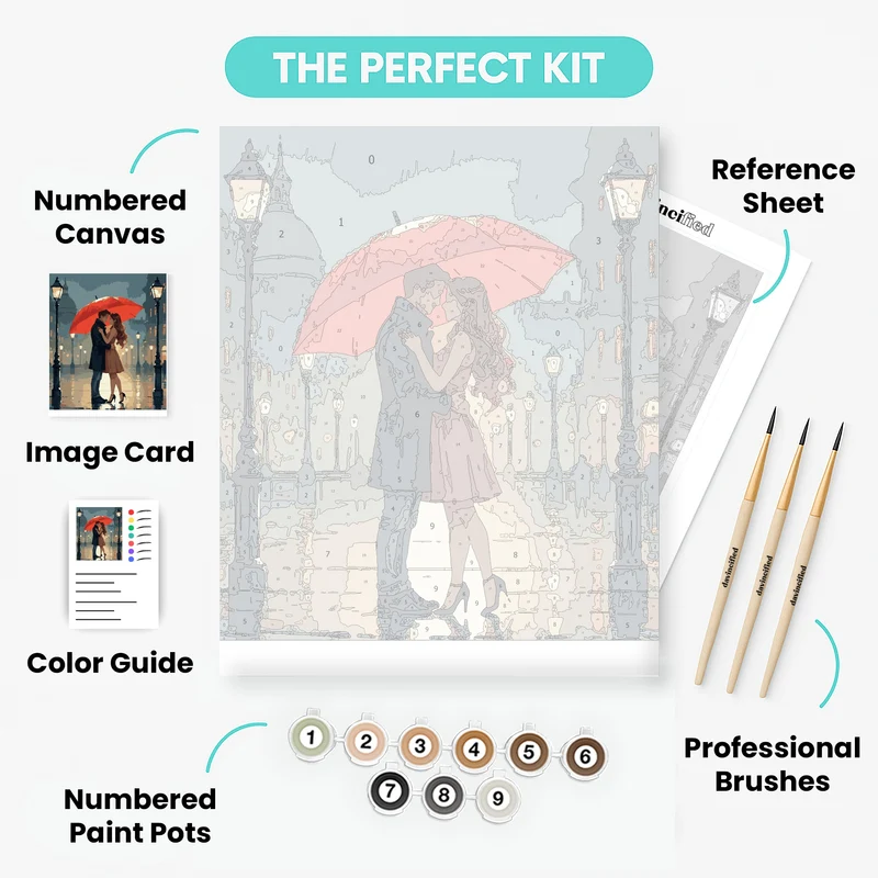 Romantic Couple Under Red Umbrella in Rain - Paint by Numbers Kit