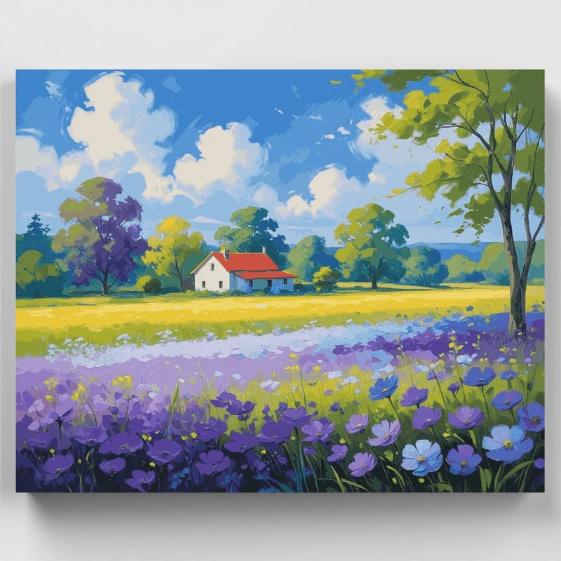 Country Cottage with Purple Wildflowers - Paint by Numbers Kit
