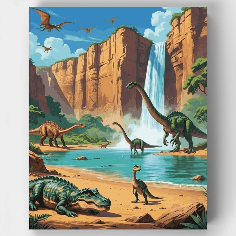 Prehistoric Paradise with Dinosaurs and Waterfall - Paint by Numbers Kit