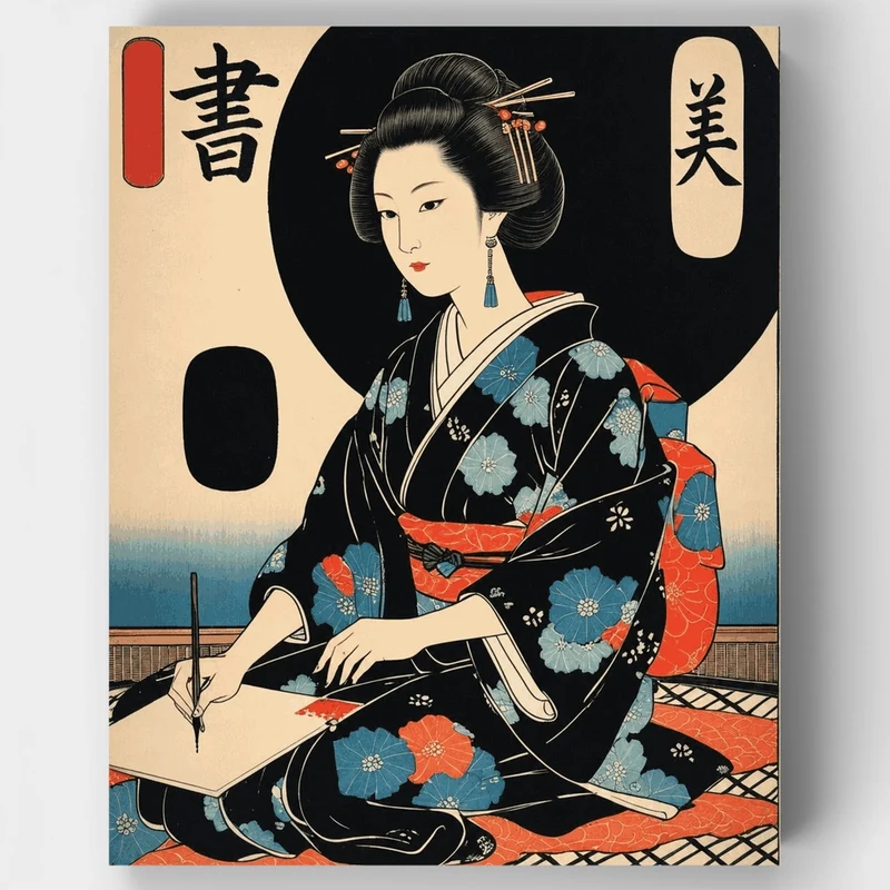 Japanese Geisha Writing Calligraphy - Paint by Numbers Kit