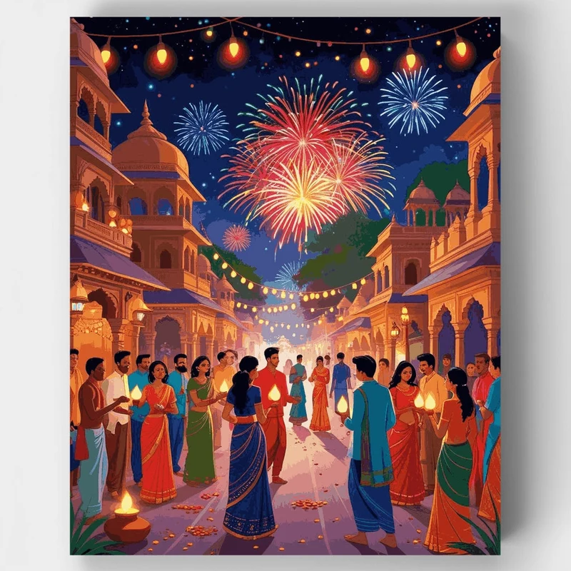 Festive Diwali Street Celebration with Fireworks - Paint by Numbers Kit