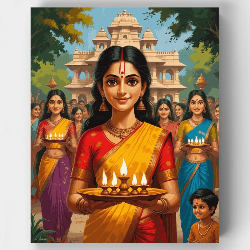 Traditional Diwali Ceremony with Oil Lamps - Paint by Numbers Kit