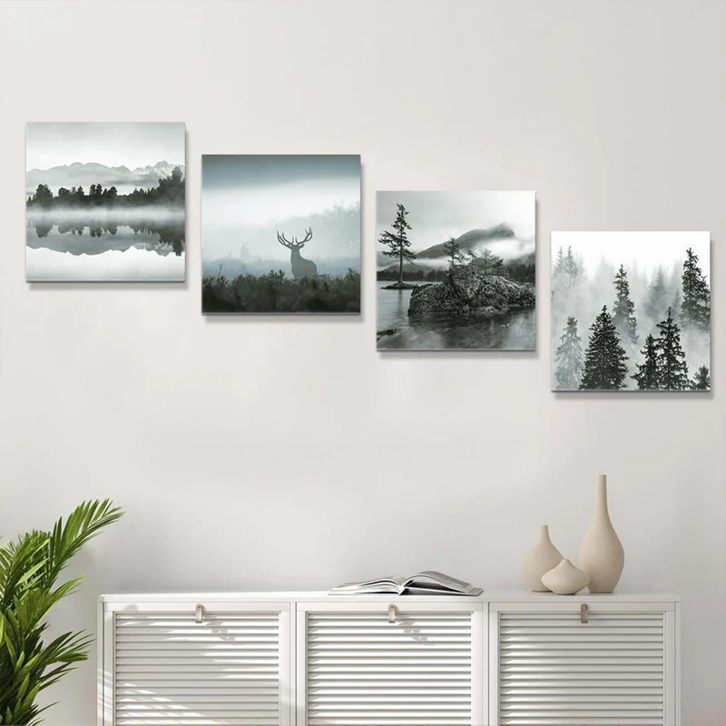4-teilig Leinwandbild Wald & Nebel - Moderne Wanddekoration 30x30 cm