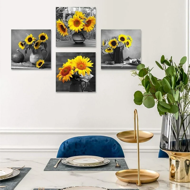 4-teilig Leinwandbild Sonnenblume & Grau - Moderne Wanddekoration 30x30 cm