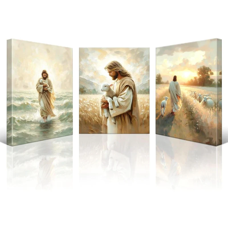 3-teiliges Leinwandbild Jesus mit Lamm - Religiöse Wandkunst 30x40 cm