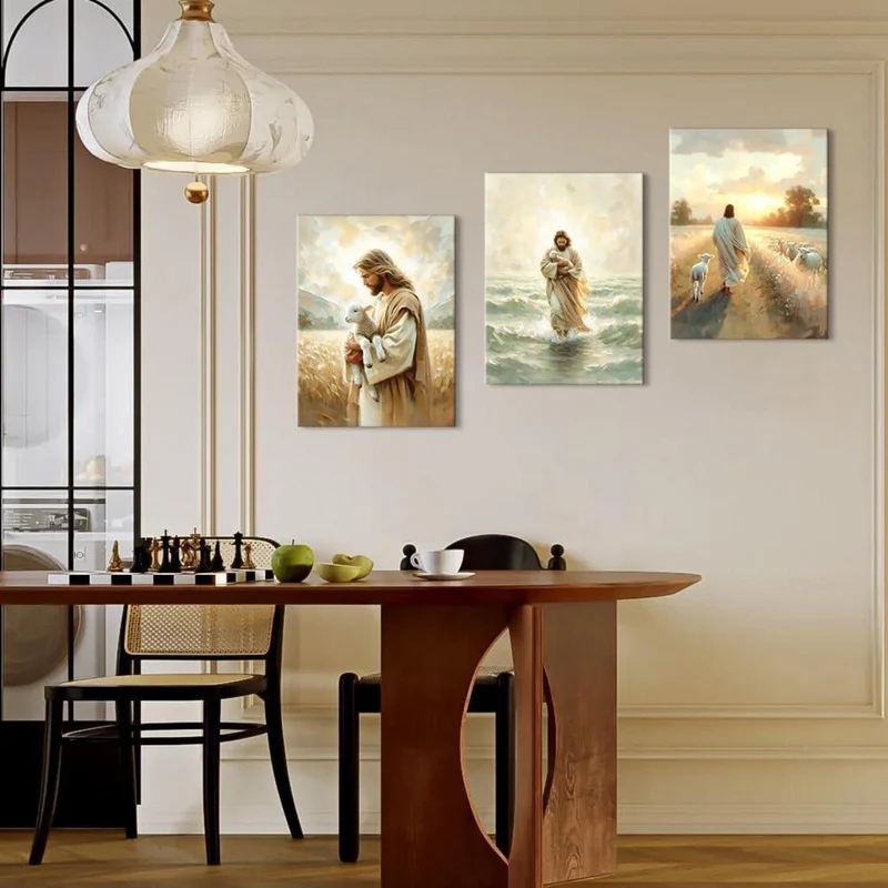 3-teiliges Leinwandbild Jesus mit Lamm - Religiöse Wandkunst 30x40 cm