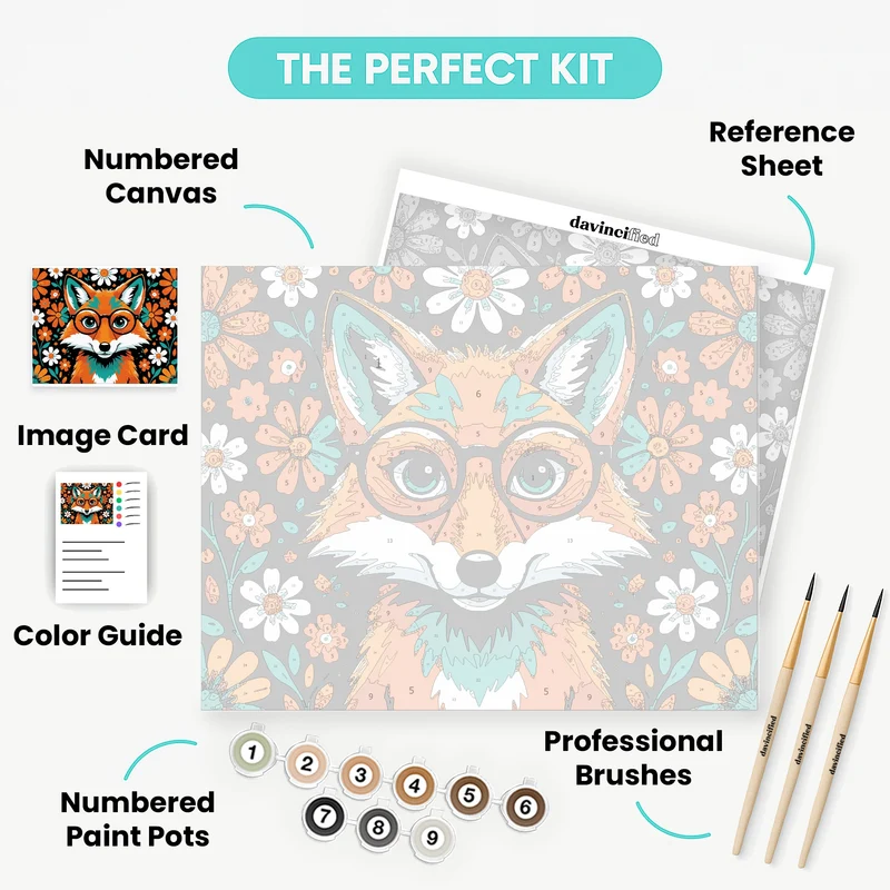 Whimsical Fox in Glasses with Floral Background - Paint by Numbers Kit