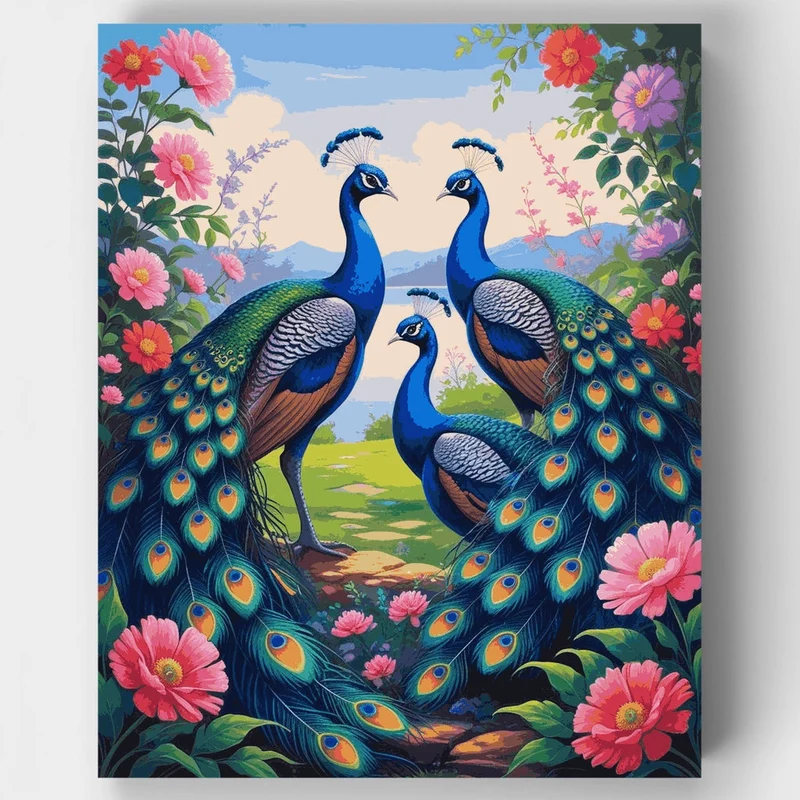 Three Majestic Peacocks in a Vibrant Floral Garden - Paint by Numbers Kit