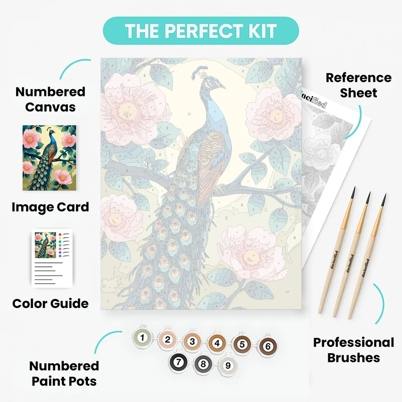 Elegant Peacock with Pink Blossoms - Paint by Numbers Kit