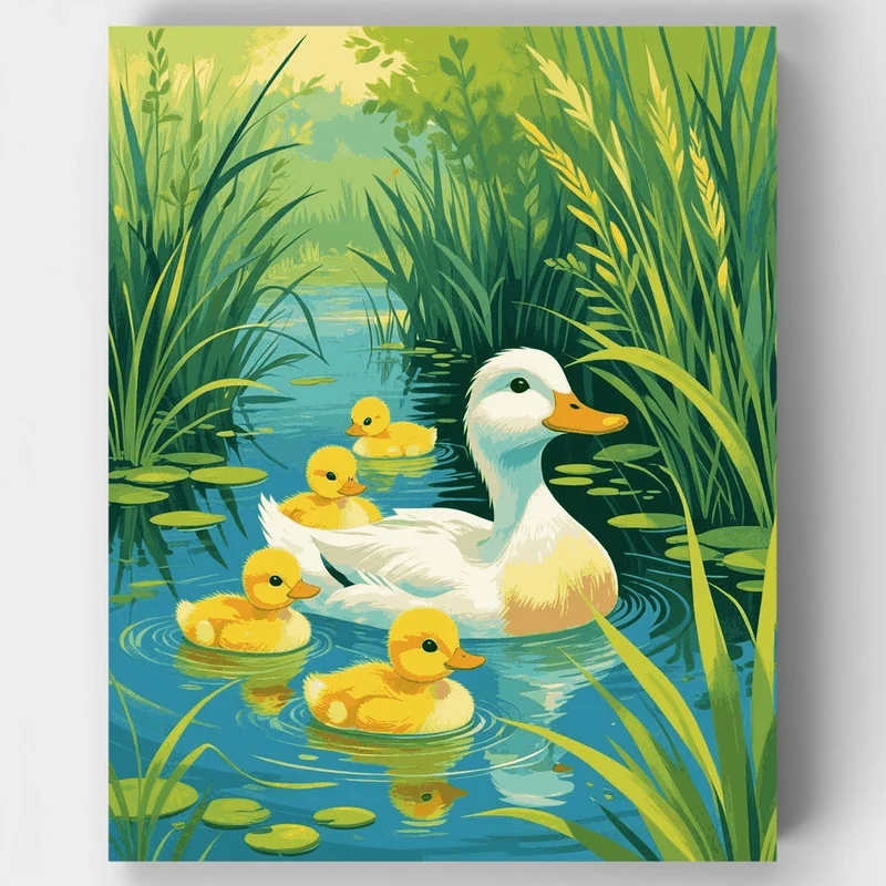 White Duck and Ducklings in Pond - Paint by Numbers Kit