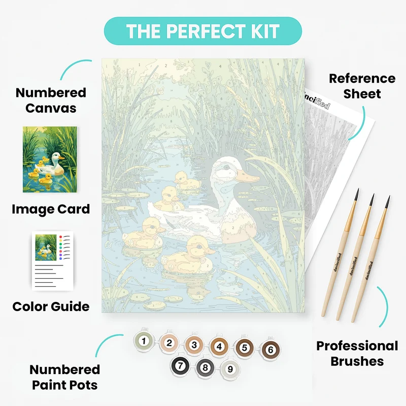 White Duck and Ducklings in Pond - Paint by Numbers Kit