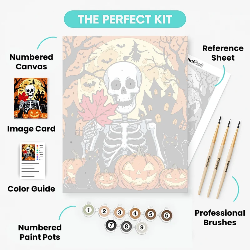 Halloween Skeleton with Pumpkins and Black Cats - Paint by Numbers Kit