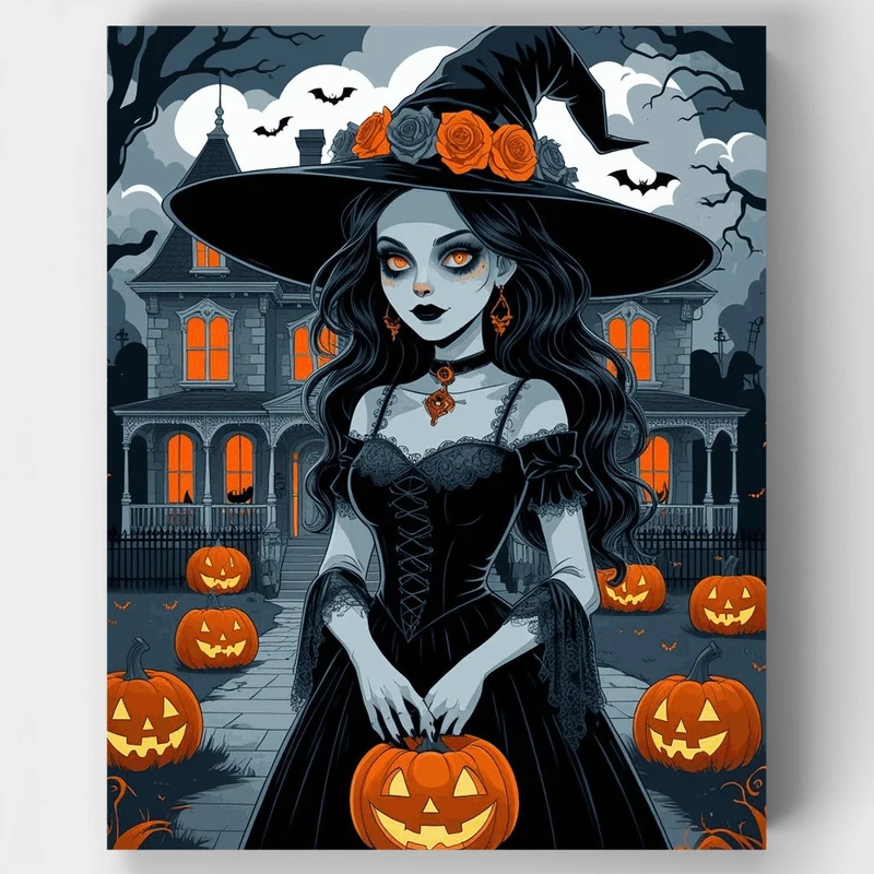 Halloween Witch with Pumpkins - Paint by Numbers Kit