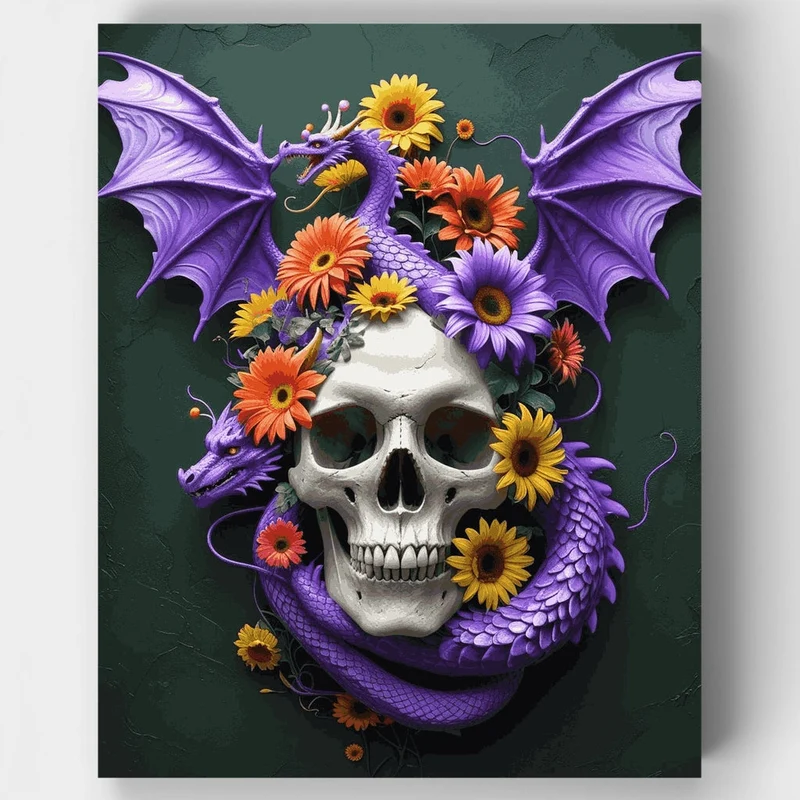 Purple Dragon with Skull and Flowers - Paint by Numbers Kit