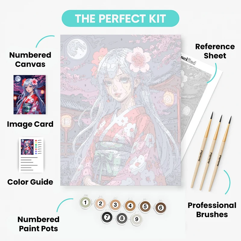 Anime Girl in Traditional Japanese Kimono Under Cherry Blossoms - Paint by Numbers Kit